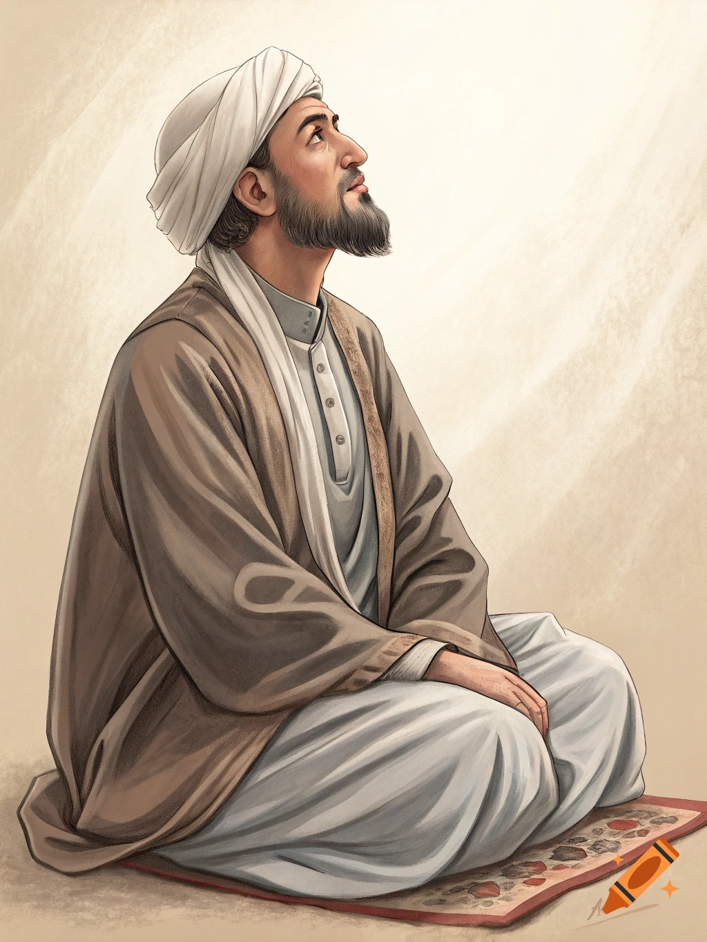 Illustration of a man in traditional attire and turban sitting on a rug, looking up.
