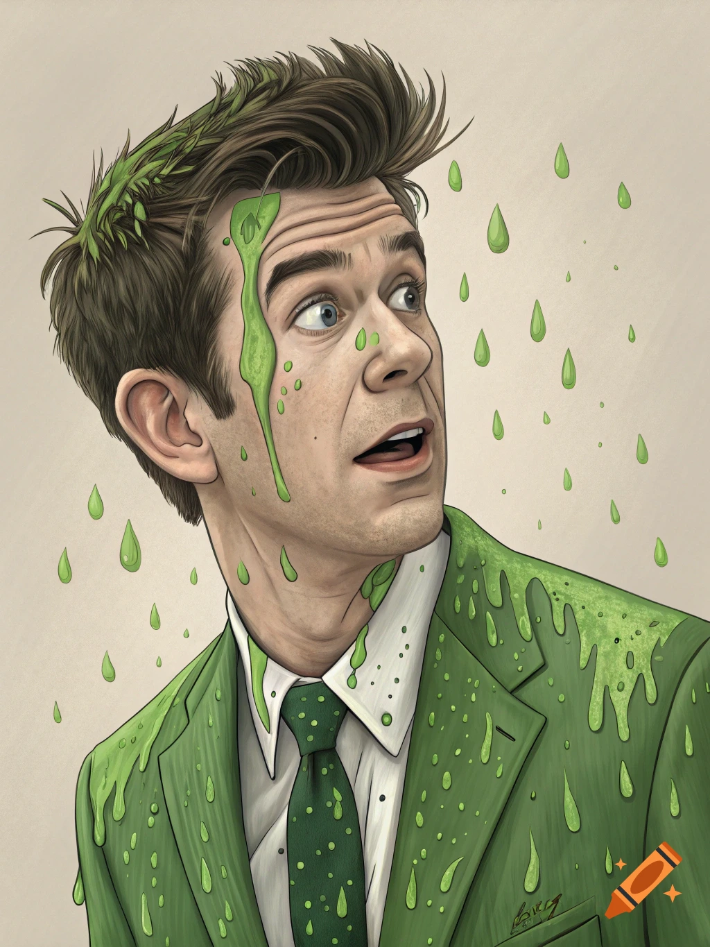 Illustration of a man resembling John Mulaney covered in green slime drops.