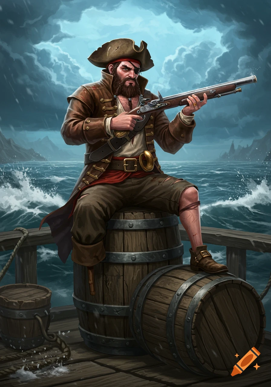 A bearded pirate with an eyepatch sits on barrels on a ship's deck, holding a musket in a stormy sea. Digital illustration.