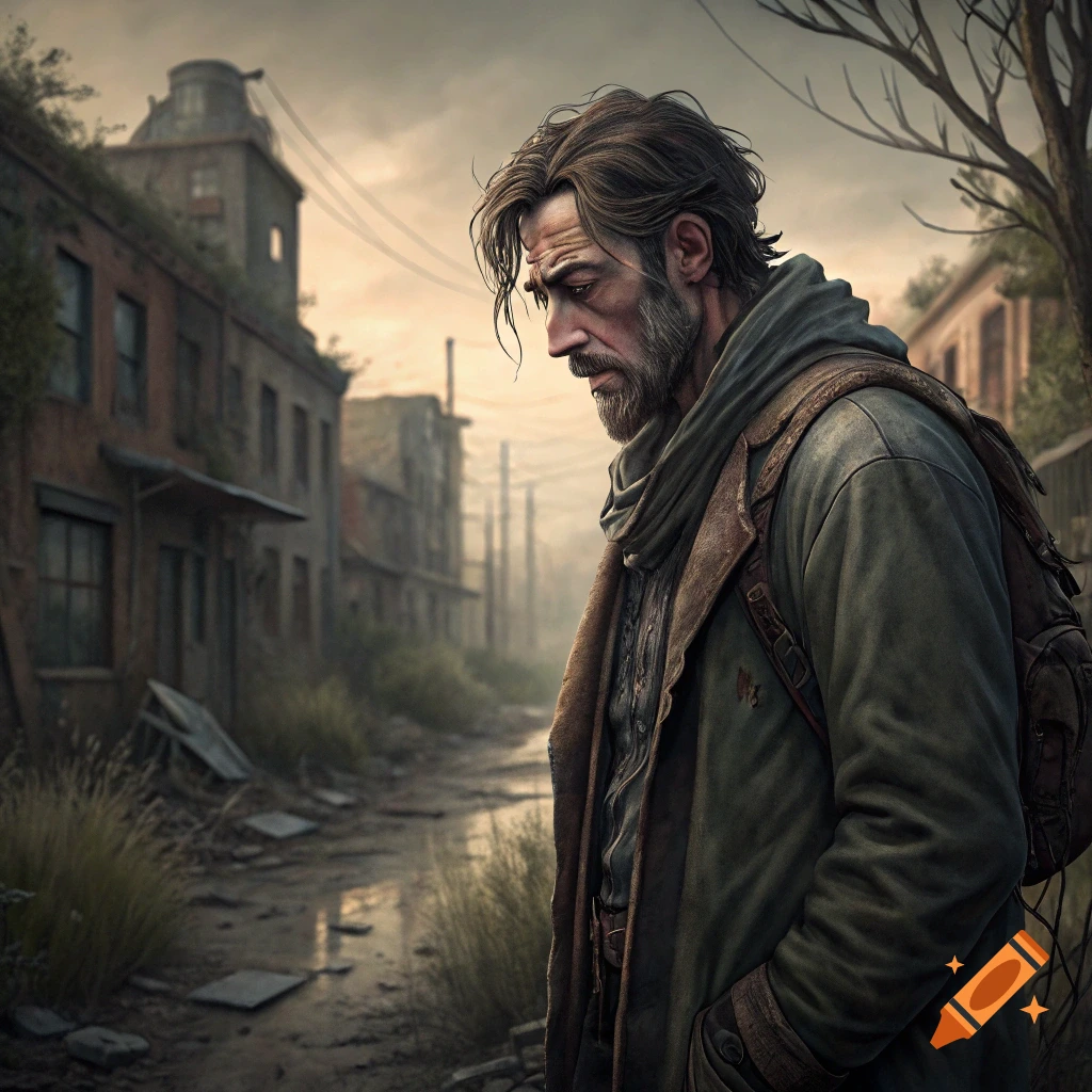 Man with beard and backpack walks down a ruined city street under a ...