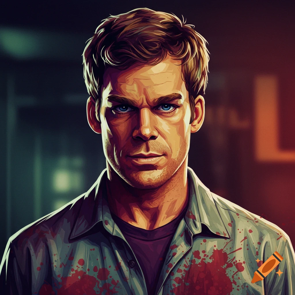 Stylized close-up portrait of Dexter Morgan with blood splatters on his shirt.