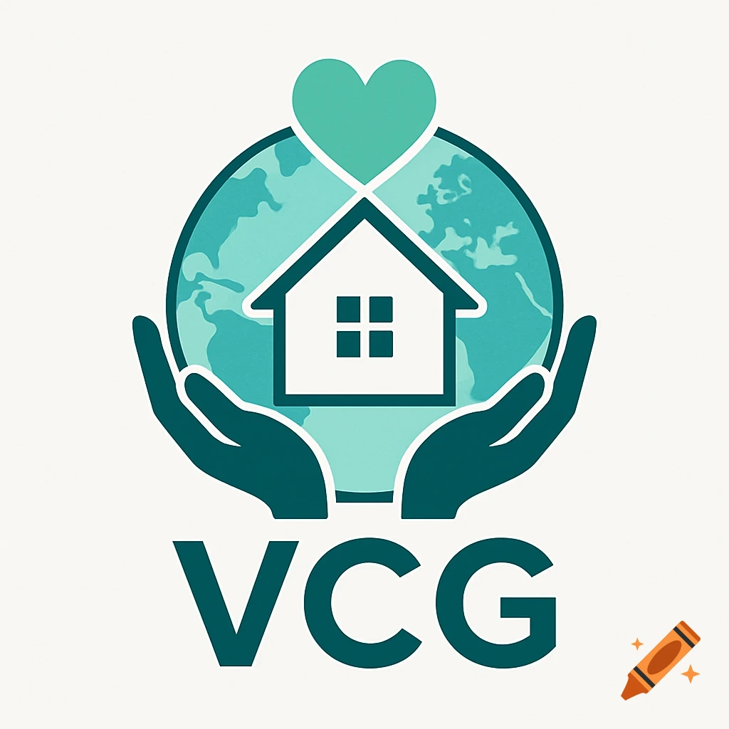 Logo with hands holding a globe with a house and heart, above the text VCG