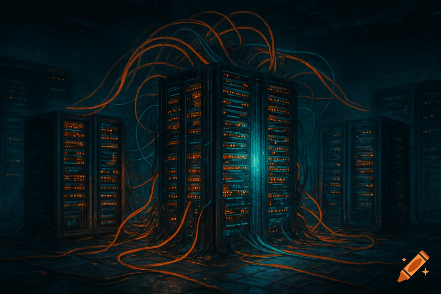 Server racks in a dark room with glowing orange cables, atmospheric and stylized.