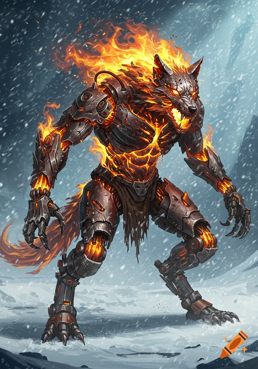 A robotic werewolf covered in flames stands in a snowy landscape.