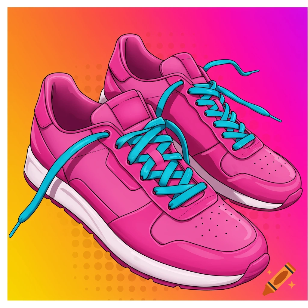Pair of pink sneakers with blue laces in a pop art illustration style.