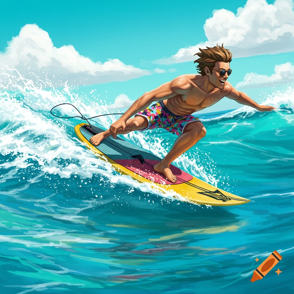 An illustration of a surfer riding a wave on a brightly colored board