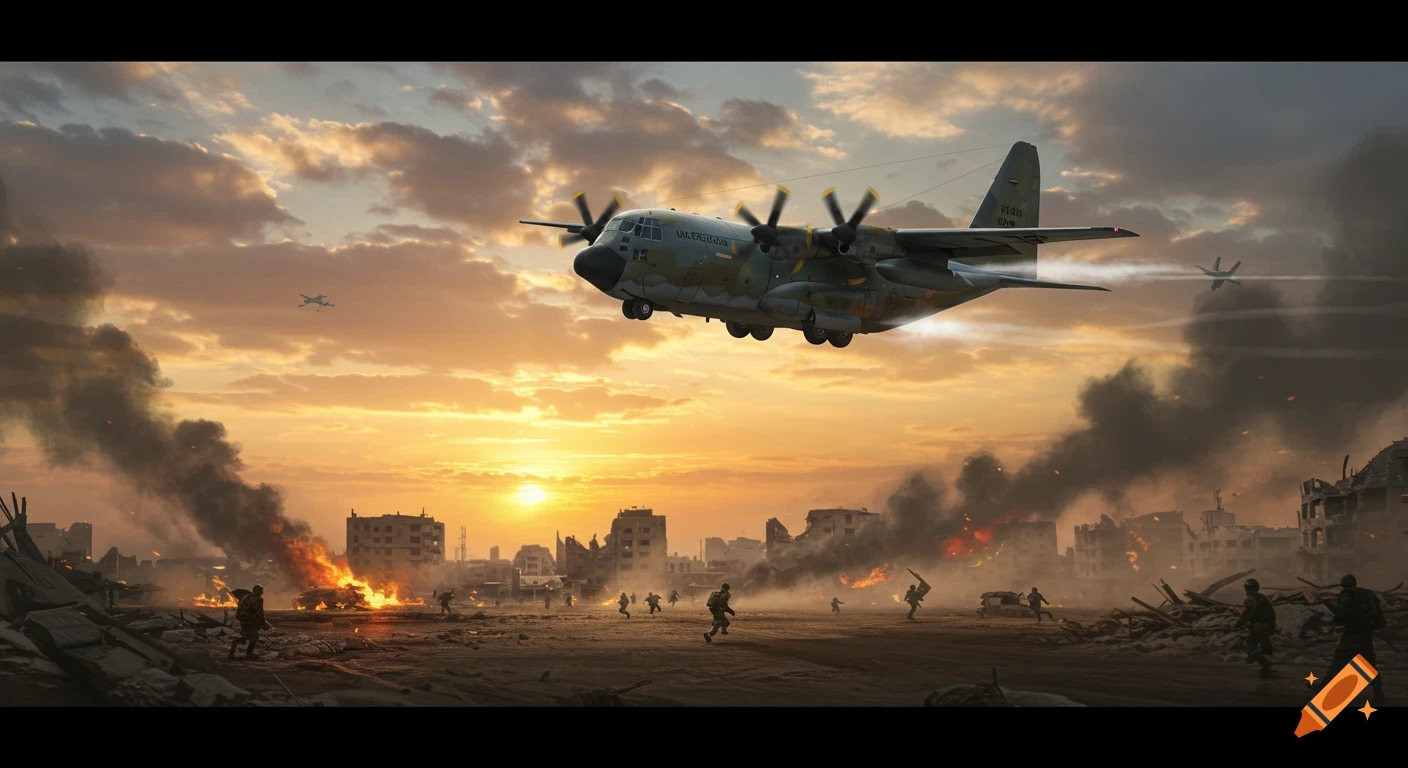 A large military transport plane flies over a destroyed city at sunset with soldiers running below.