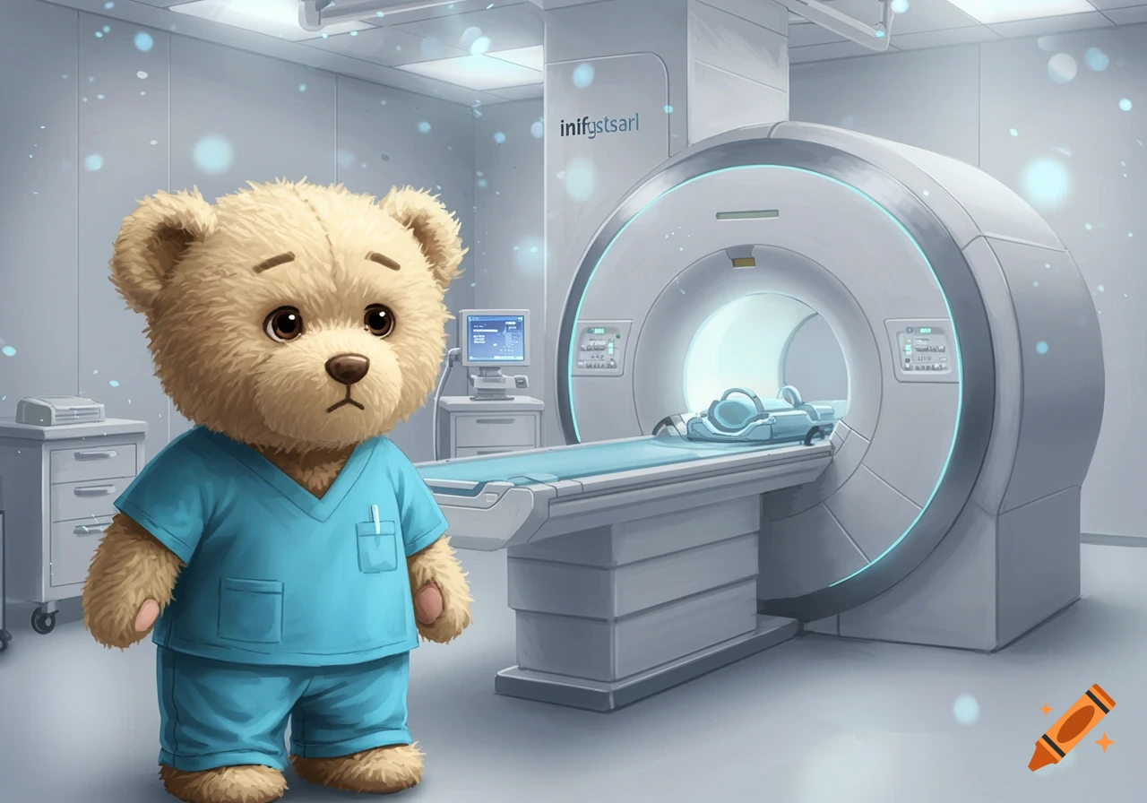 A cute teddy bear in medical scrubs stands in an MRI room.