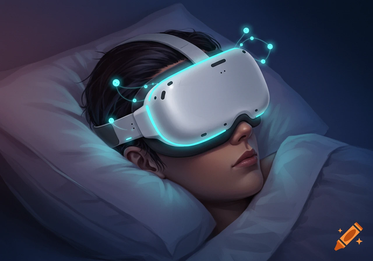 Person sleeping while wearing a glowing white VR headset, with glowing dots connected by lines.