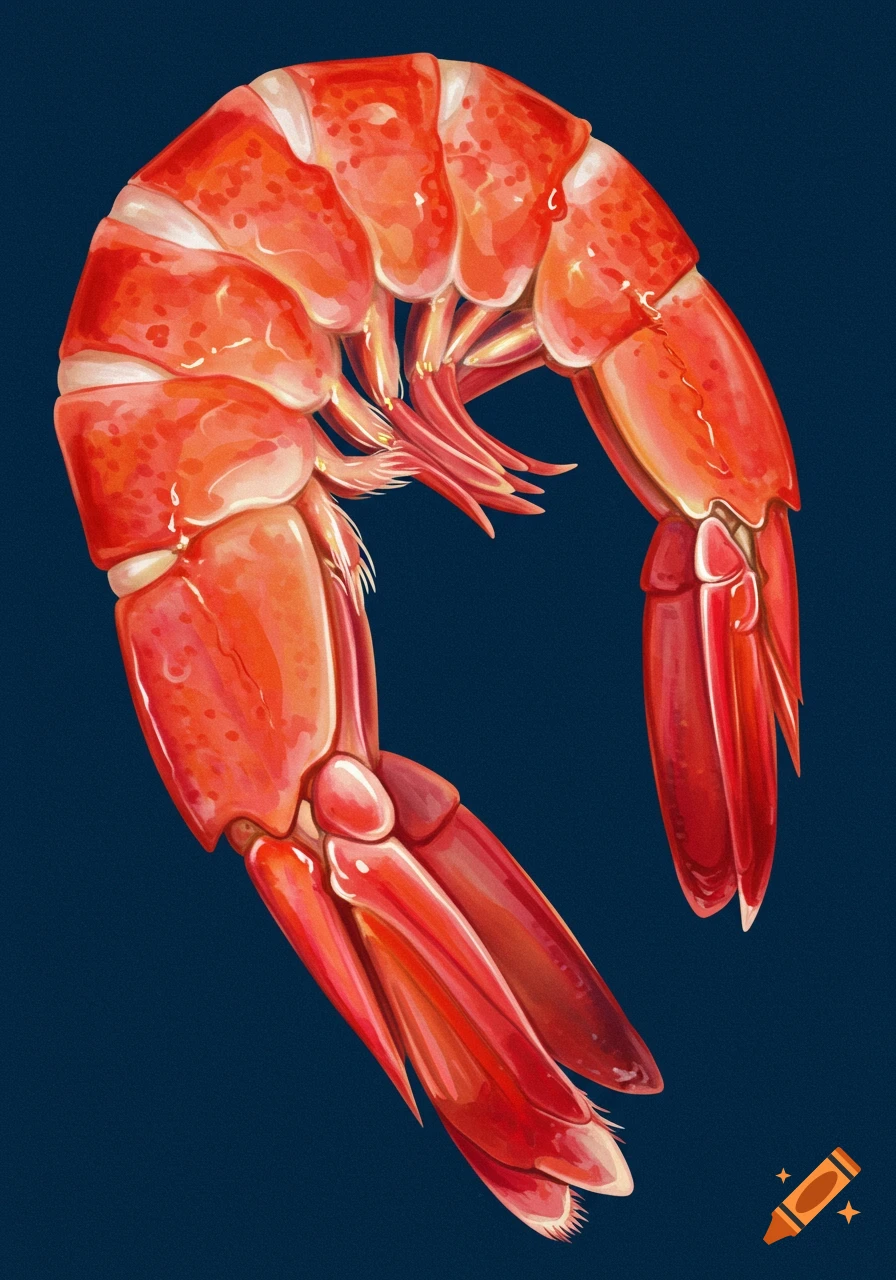 Illustration of a red prawn on a dark blue background