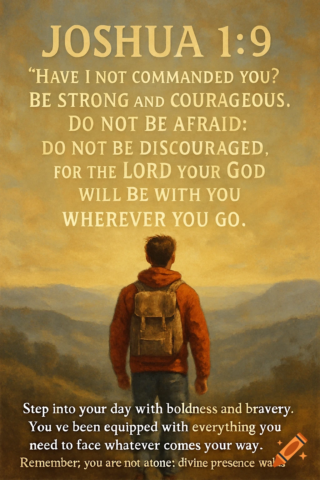 Digital painting of a person with backpack looking at mountains, overlaid with religious and inspirational text.