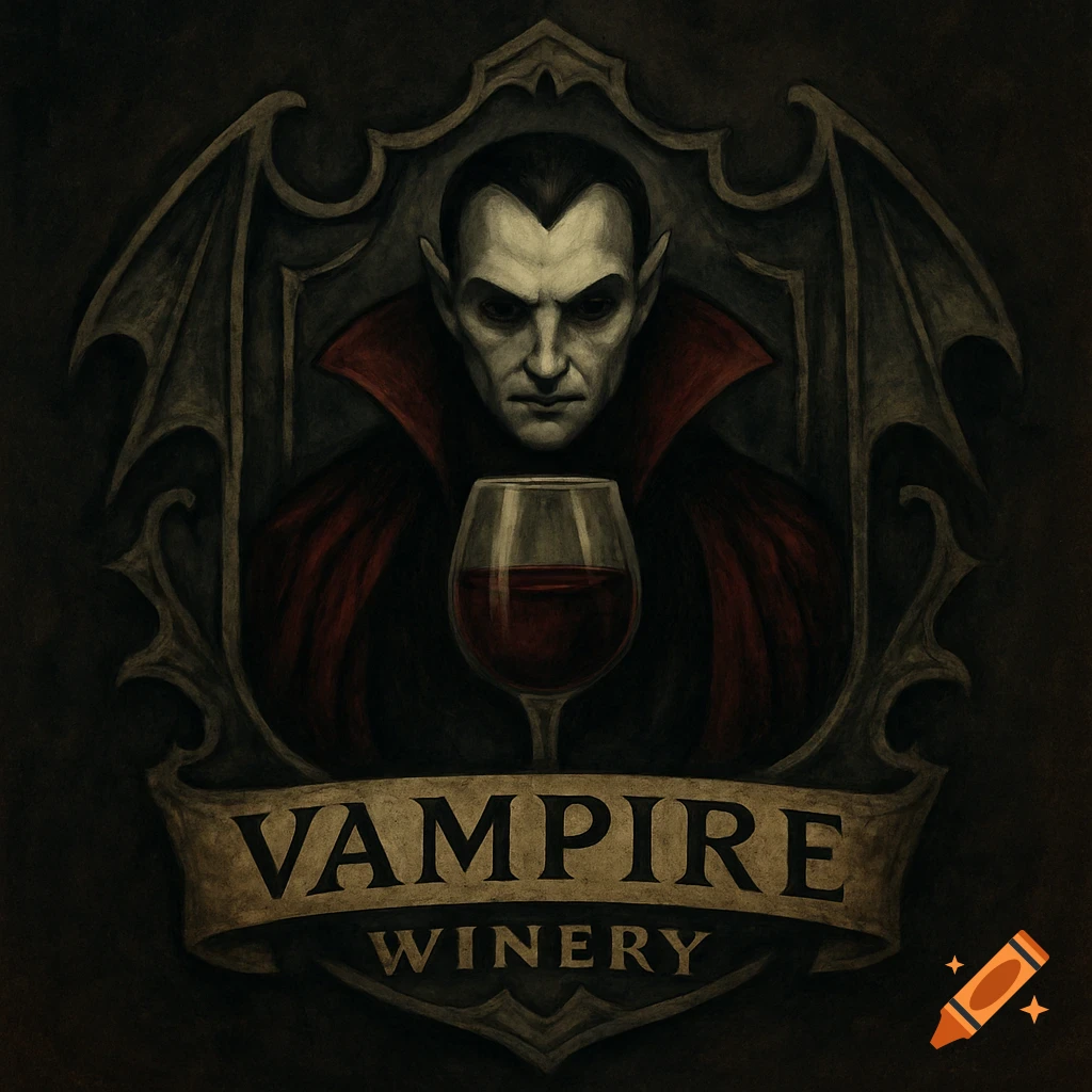 Stylized dark art logo featuring a vampire holding a glass of red wine, with the text 'VAMPIRE WINERY' on a banner below.
