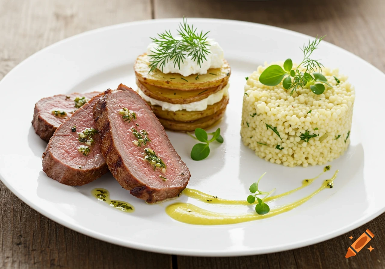 Sliced meat with potato stack, couscous, and sauce on a white plate