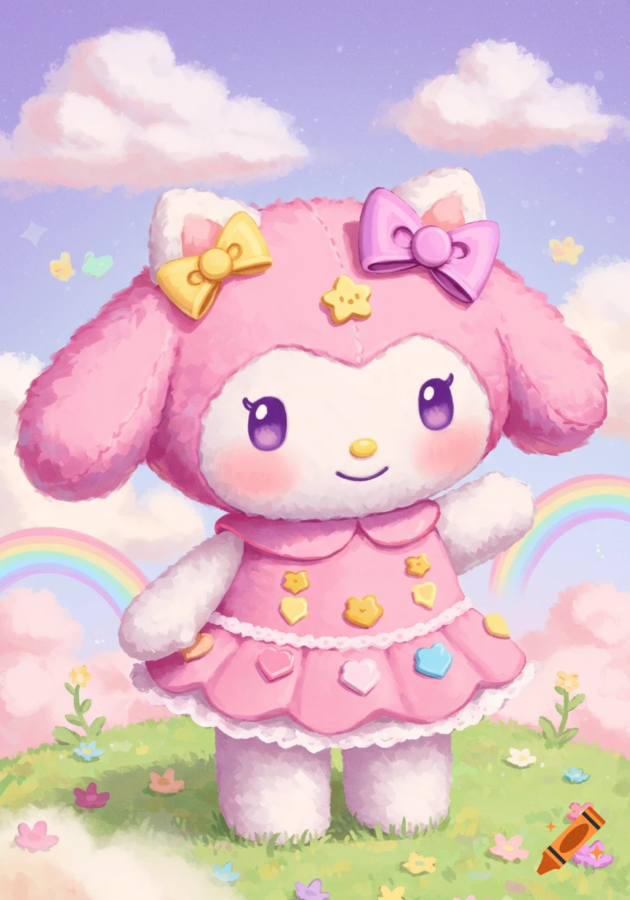 Pink plush character My Melody in a dress stands in a field with flowers and rainbows, painterly style.