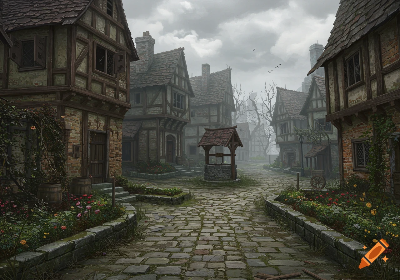 A cobbled street leads through a dilapidated medieval village with timber-framed buildings, a well, and overgrown gardens under a cloudy sky.