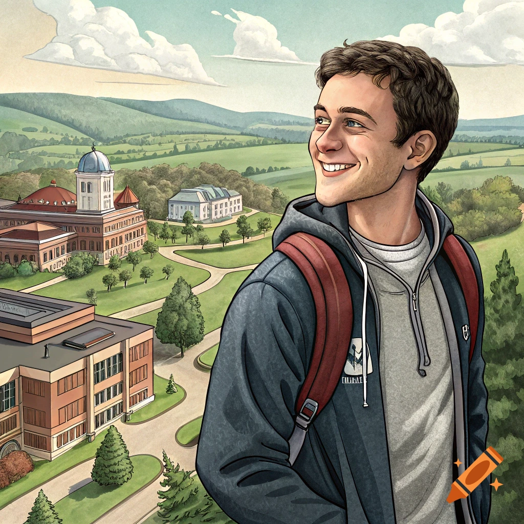 Illustration of a smiling young man with a backpack looking over a university campus landscape.