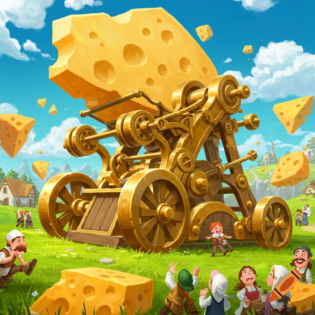 A giant wooden catapult launching a large block of cheese, with small figures reacting in a fantasy landscape.