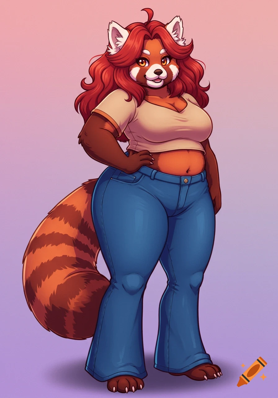 An anime-style red panda fursona wearing a t-shirt and bell bottom jeans.