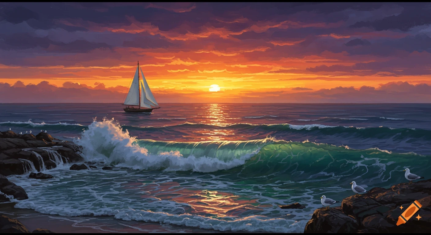 Sailboat on ocean at sunset with waves crashing on rocks and seagulls