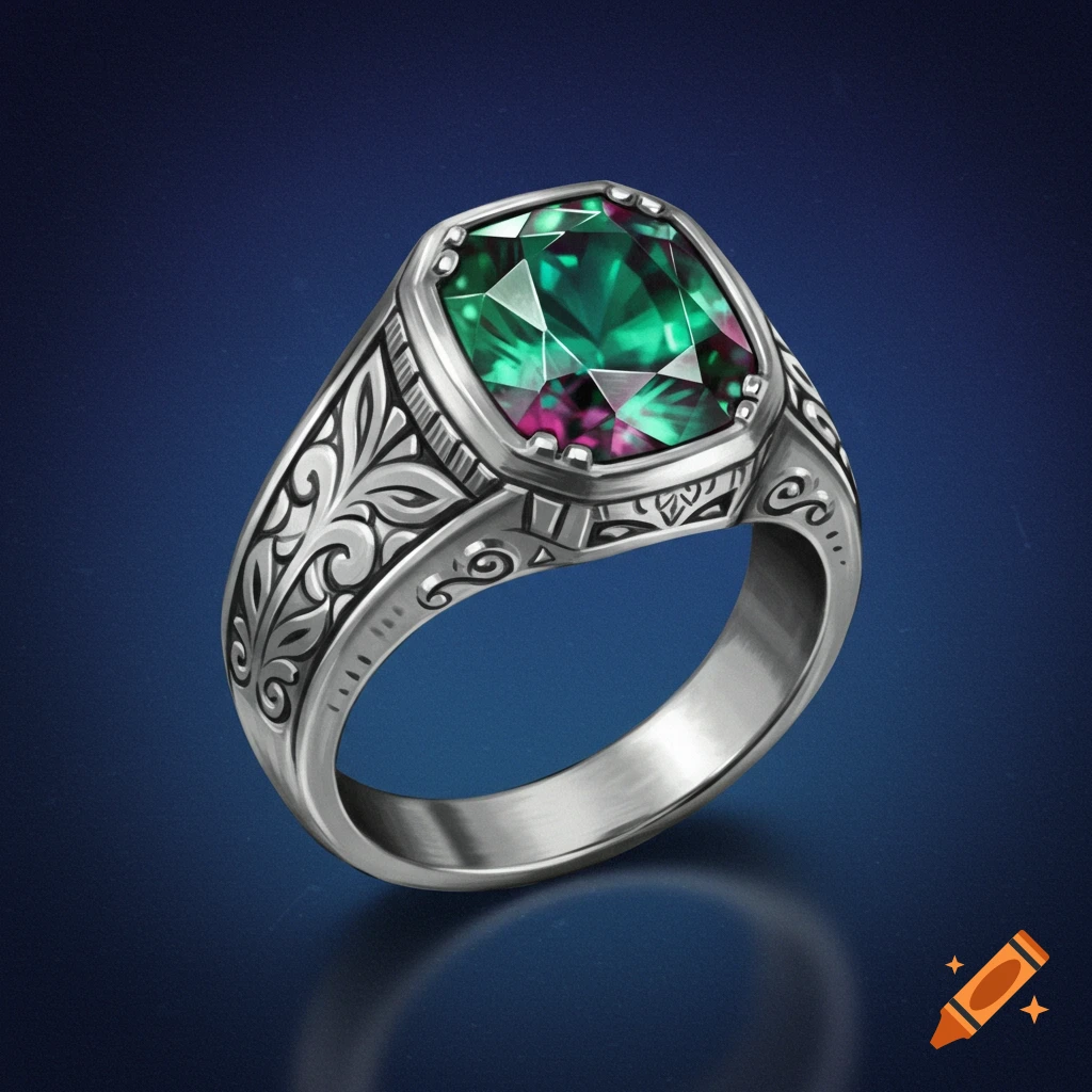 Silver signet ring with a large alexandrite gemstone on a blue background.