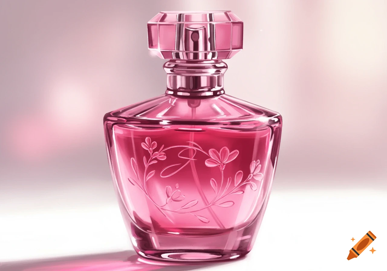 A pink glass perfume bottle with decorative etching on a light pink background, rendered in a digital painting style.