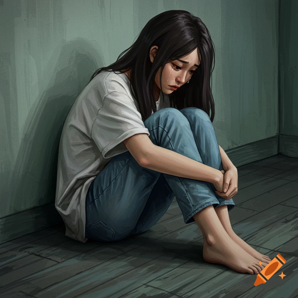 Illustration of a sad girl sitting on a wooden floor, crying.