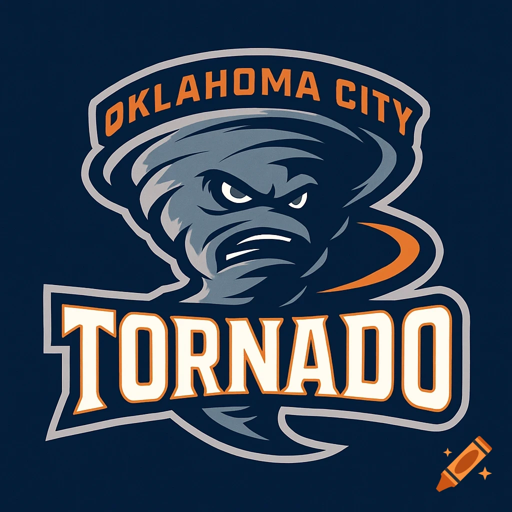 A sports logo featuring an angry cartoon tornado face with the text OKLAHOMA CITY above and TORNADO below.