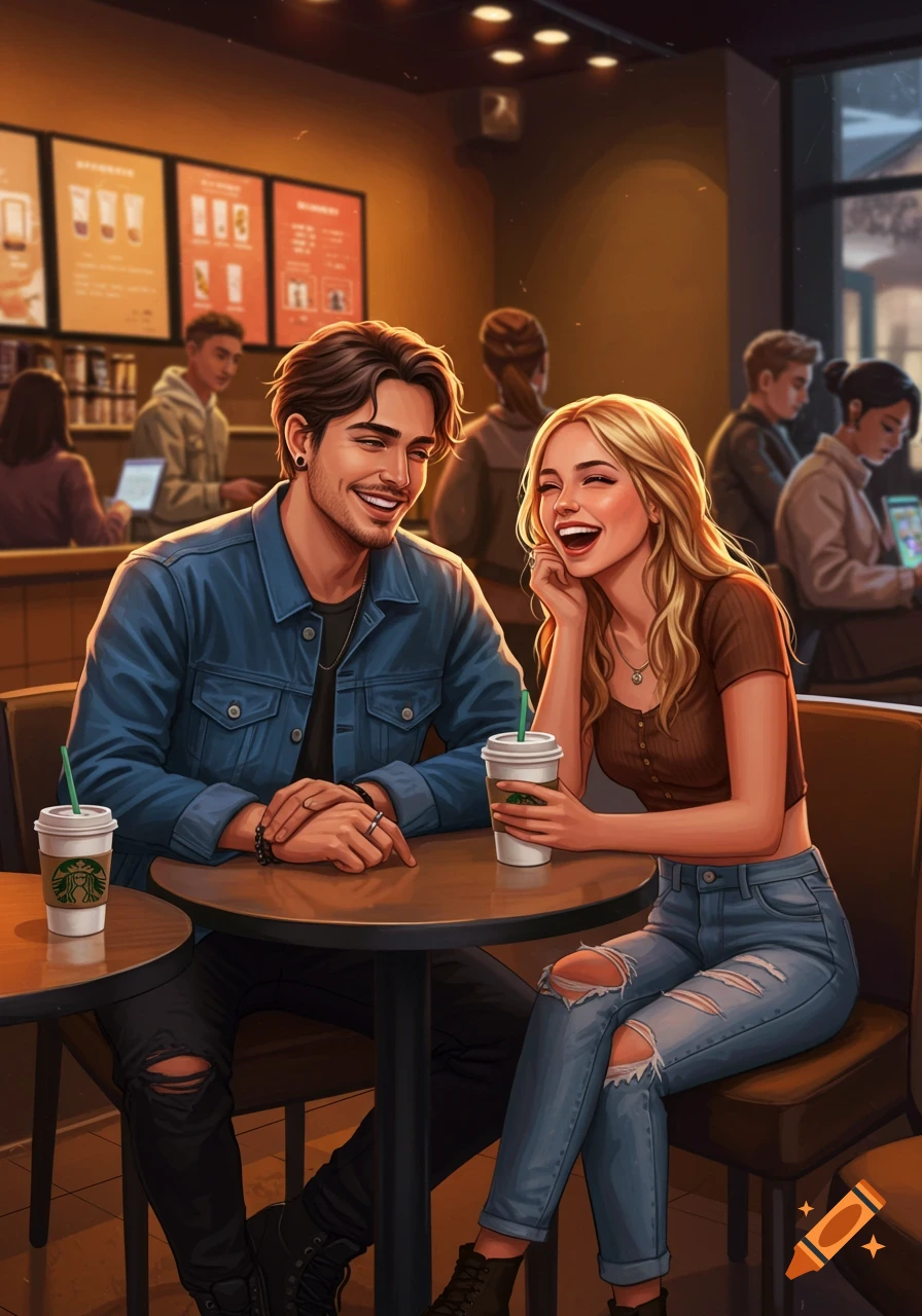 Illustrated couple laughing in a coffee shop with coffee cups.