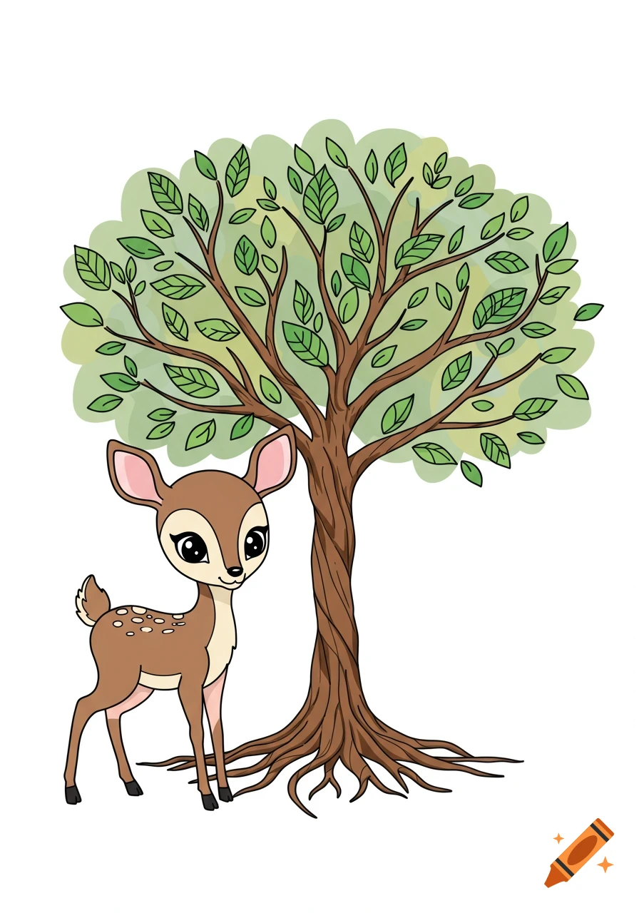 A cute fawn stands beside a stylized tree in clip art style.