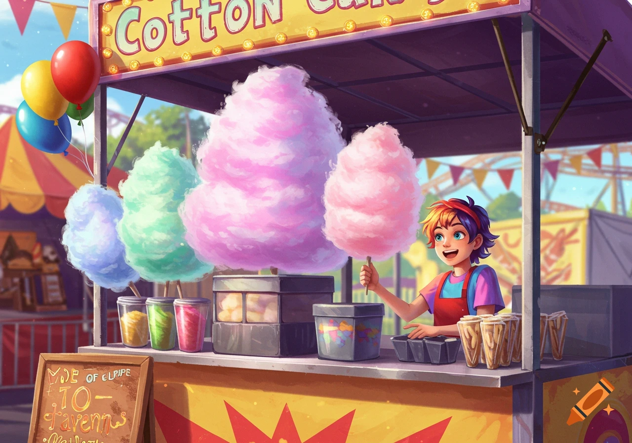 A child sells colorful cotton candy at an amusement park stand with balloons.