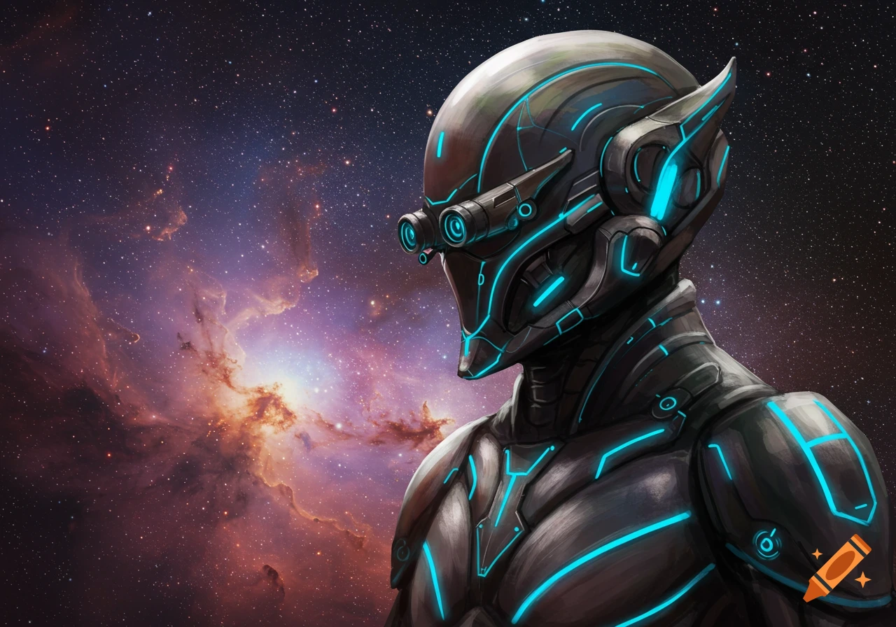 A figure in dark futuristic armor with bright blue lights stands against a backdrop of a colorful space nebula and stars.