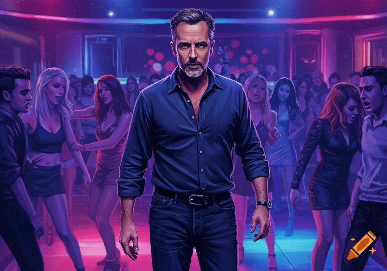 Man stands in a crowded, neon-lit nightclub.