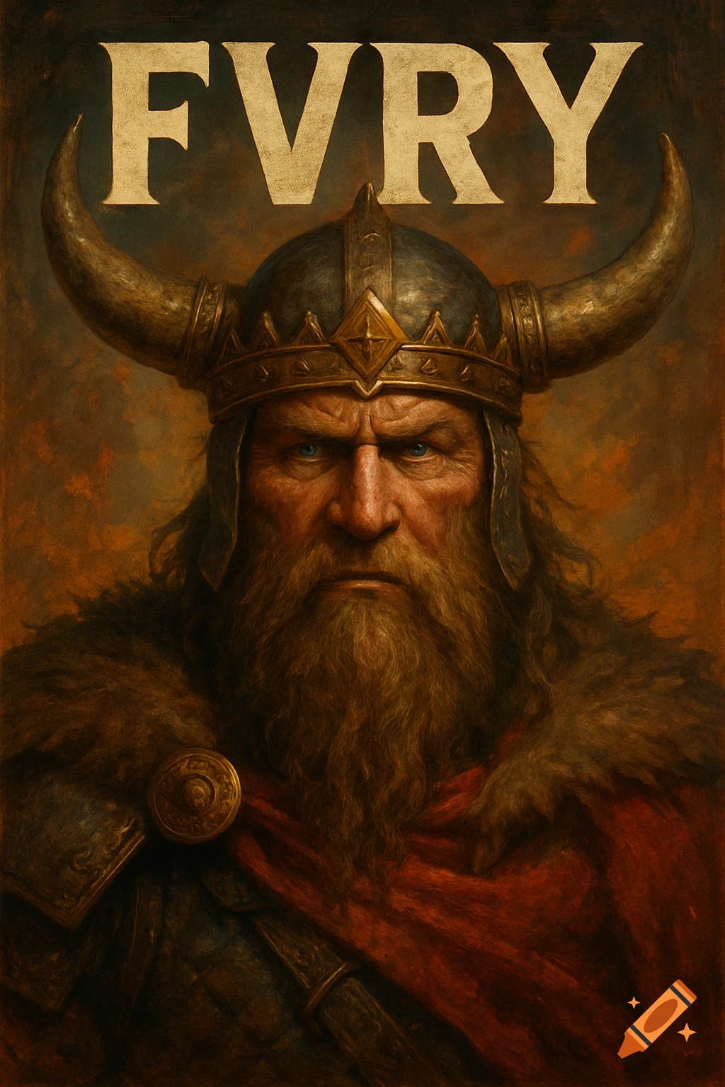Portrait of a serious Viking king wearing a horned helmet with the word FVRY above.