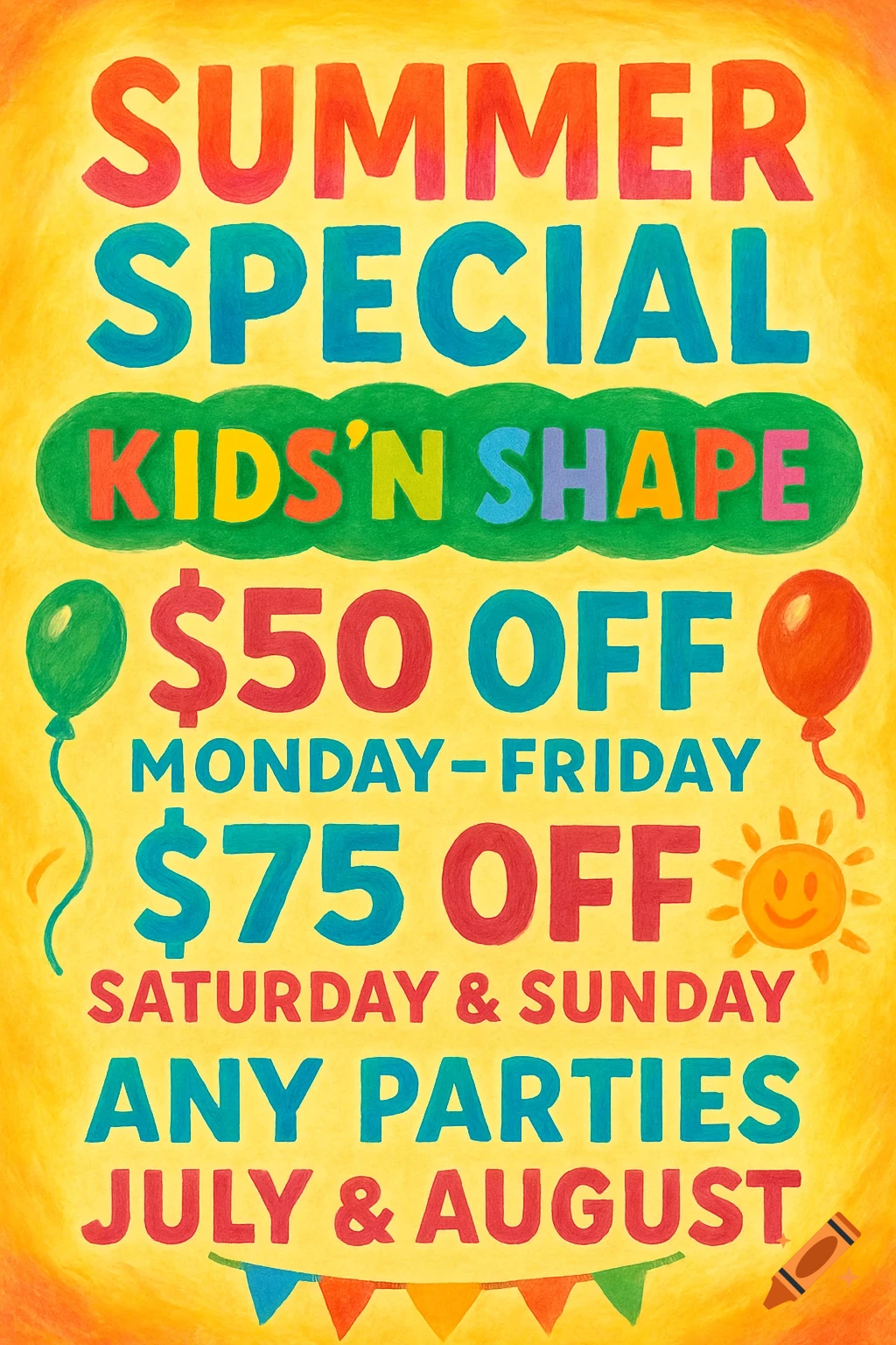 Colorful hand-drawn flyer advertising a kids' summer party special with discount details.