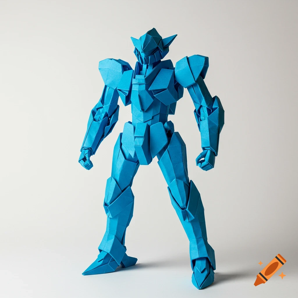 A blue origami robot standing on a white background.