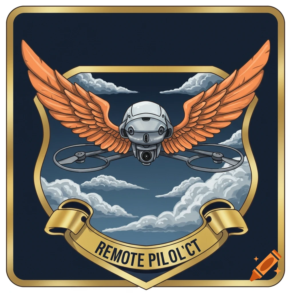 Illustration of an aviator badge featuring a drone with wings, against a sky background.