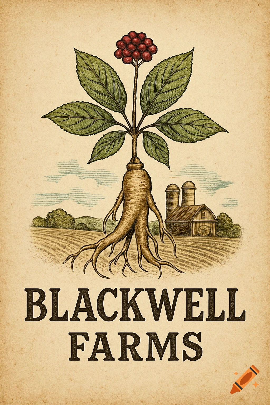 Vintage illustration of a ginseng plant above text 'BLACKWELL FARMS' with a farm in the background.