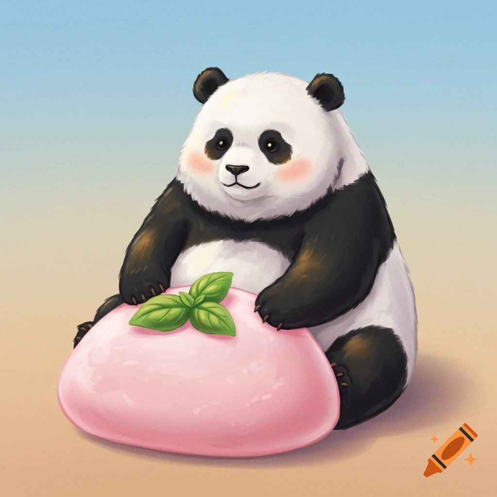 Chubby panda sitting on a pink mochi with a basil leaf, digital illustration.