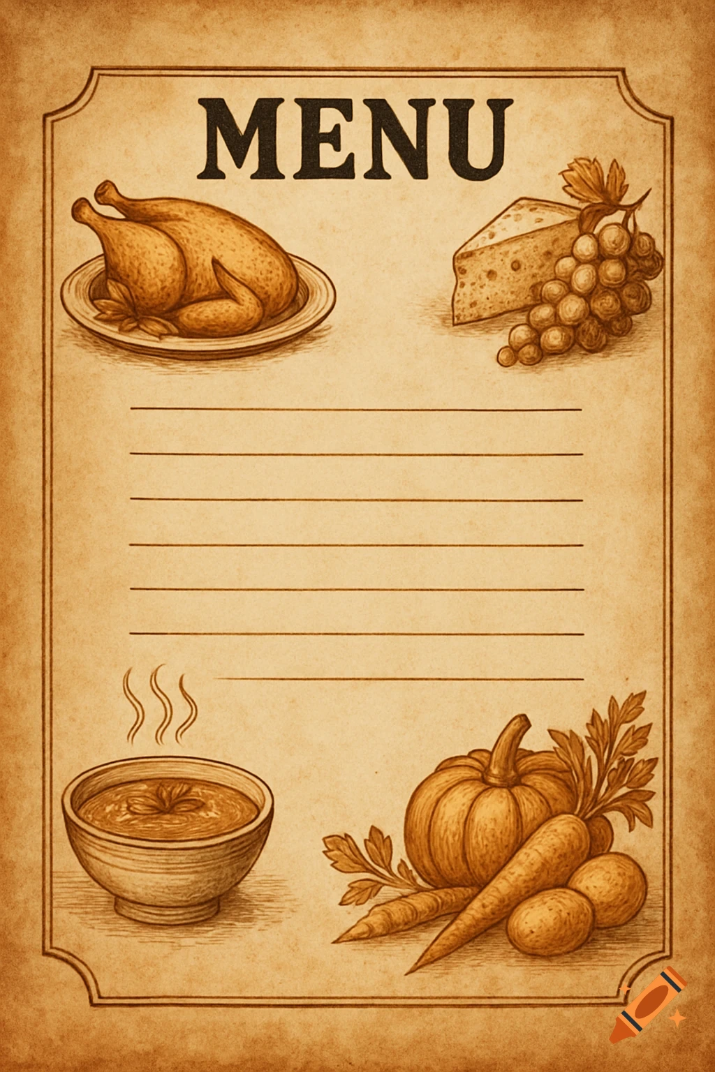 Vintage menu design with drawings of roasted chicken, cheese, grapes, soup, and vegetables.