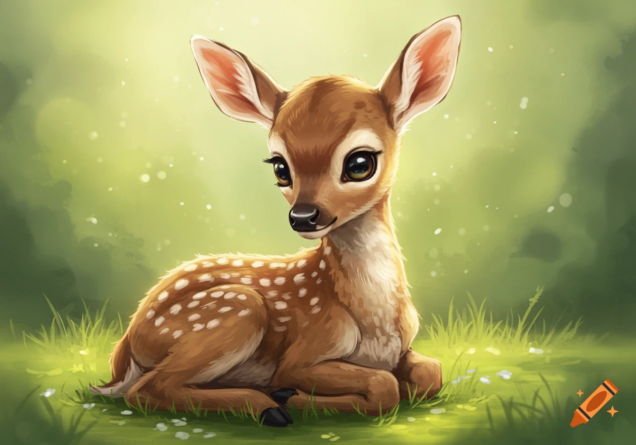 Cute illustration of a baby deer lying in green grass.