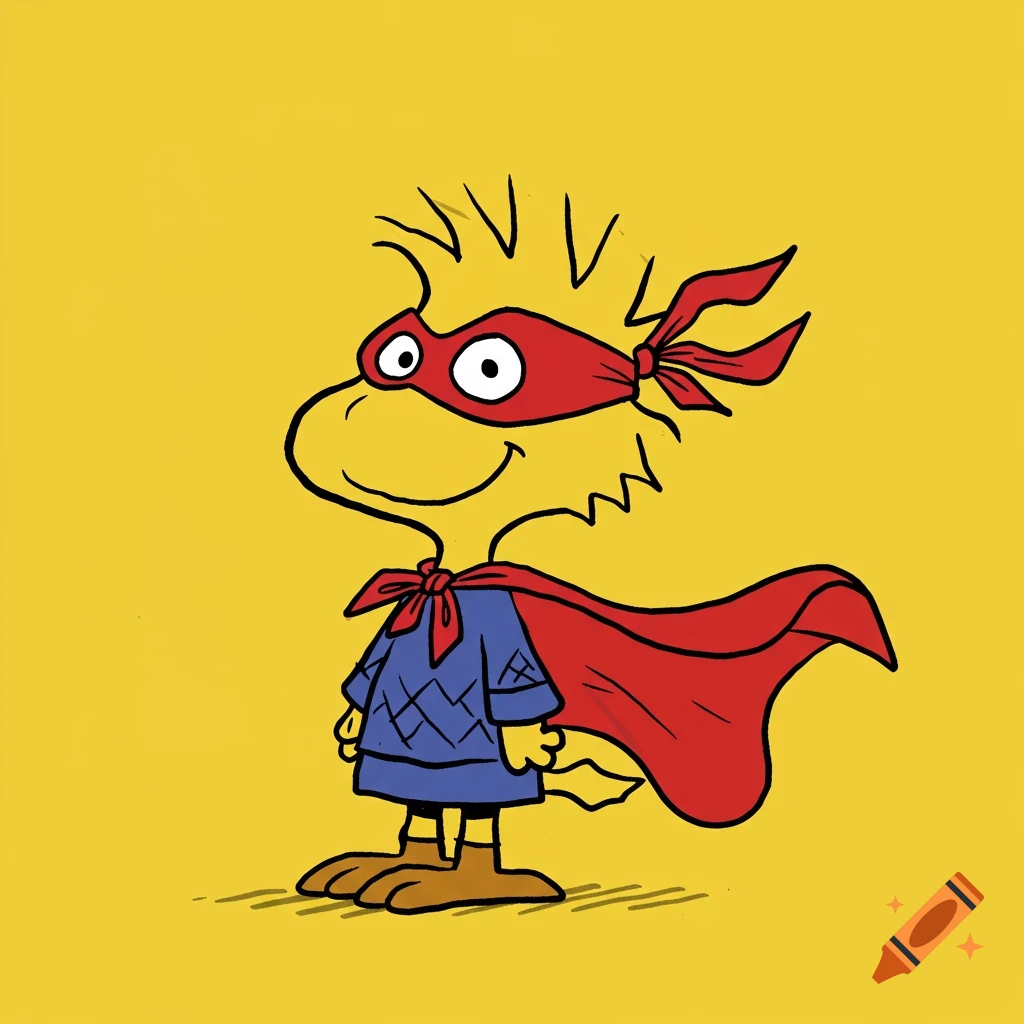 Woodstock from Peanuts dressed as a superhero