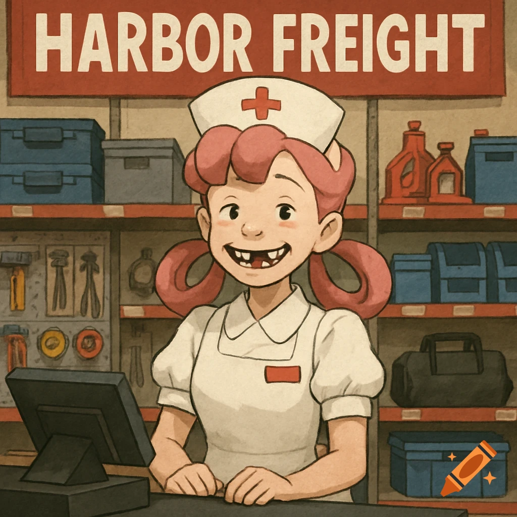 Cartoon of Nurse Joy from Pokemon smiling with missing teeth behind a store counter.