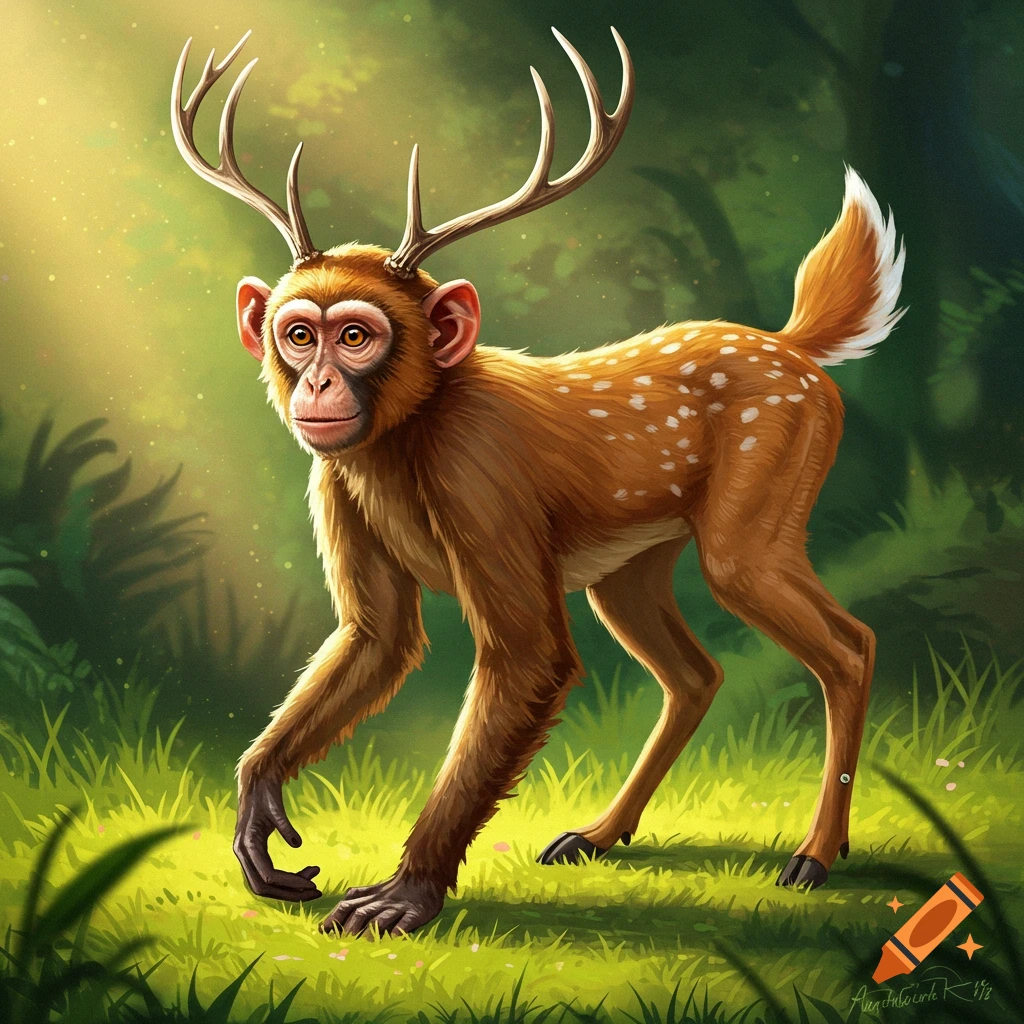 A monkey-deer hybrid creature with antlers, spotted fur, and a bushy tail stands in a sunlit forest.