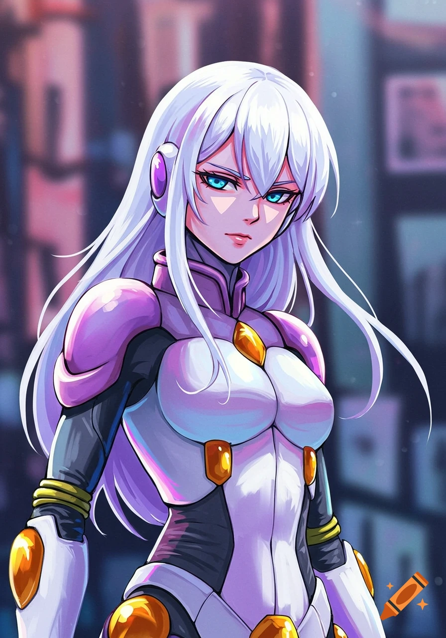 Anime illustration of a woman with white hair and blue eyes wearing a purple and white sci-fi suit.