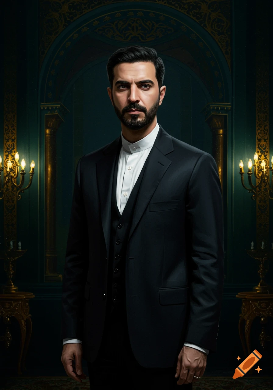 A man in a black suit stands in an ornate room with pillars and candelabras.