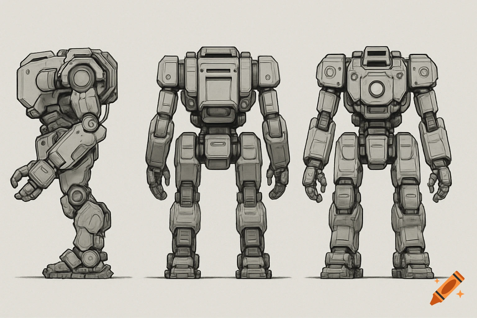 Three views (side, back, front) of a utility mech robot in a sketch style.