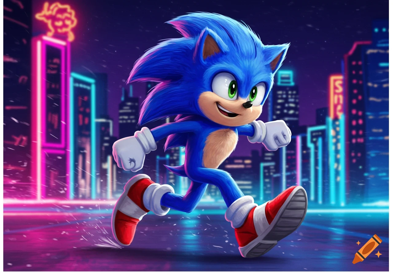 Sonic the Hedgehog runs through a neon city at night.