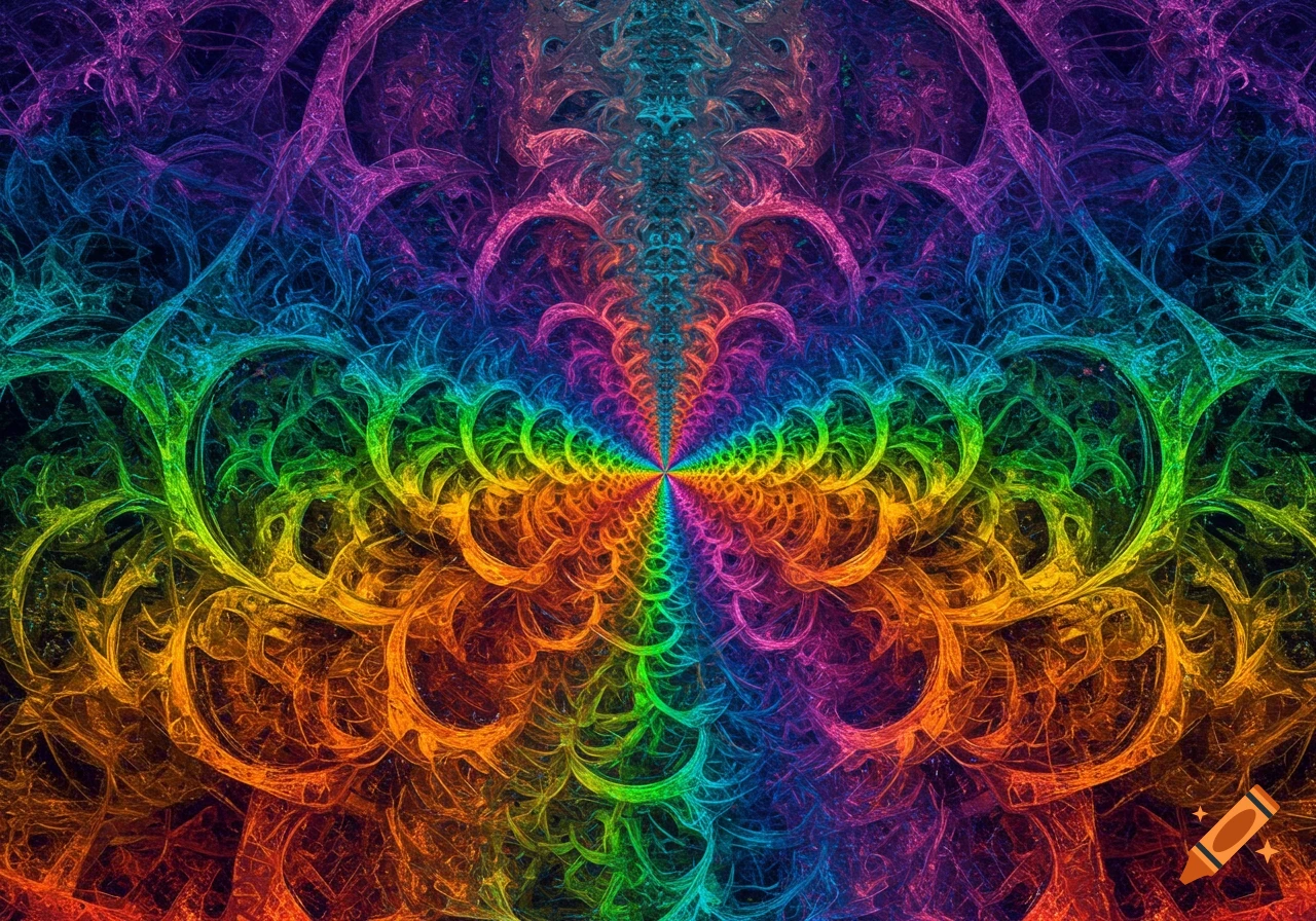 A symmetrical abstract fractal pattern in rainbow colors.