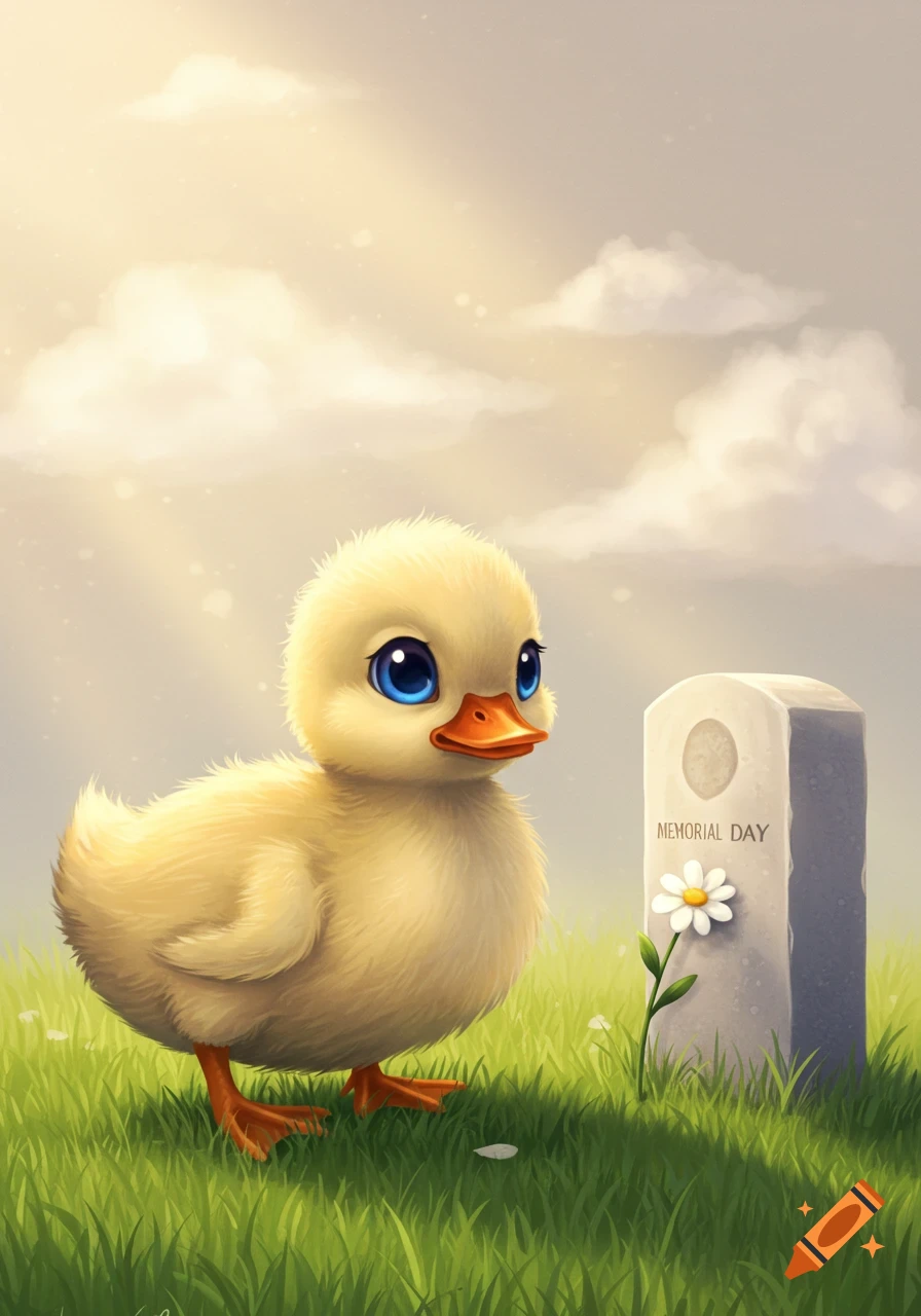 A cute cartoon duckling stands beside a grave marker reading "Memorial Day" in a sunny, grassy field.