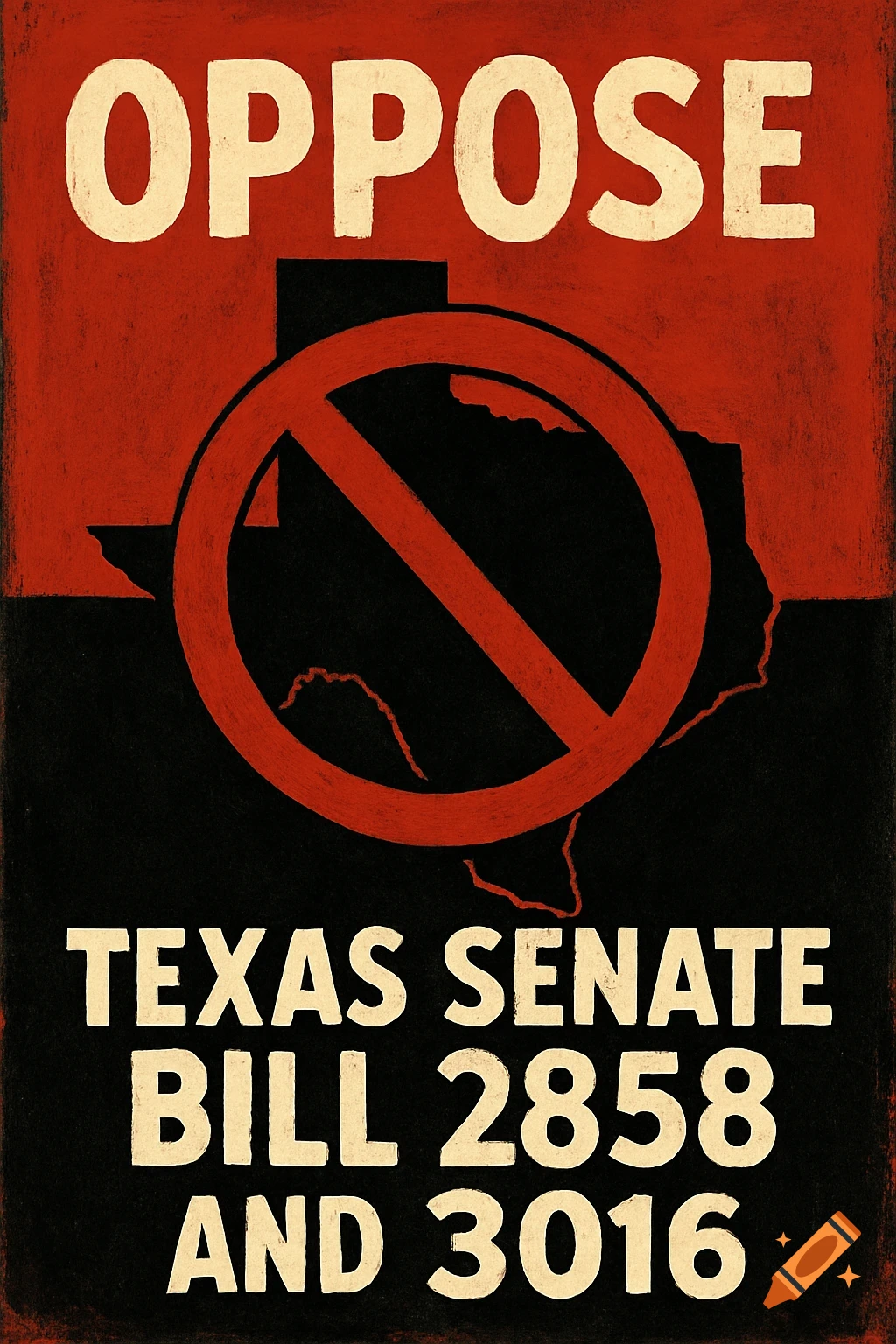Red and black protest poster with the word OPPOSE, a map of Texas with a no symbol over it, and text "TEXAS SENATE BILL 2858 AND 3016".